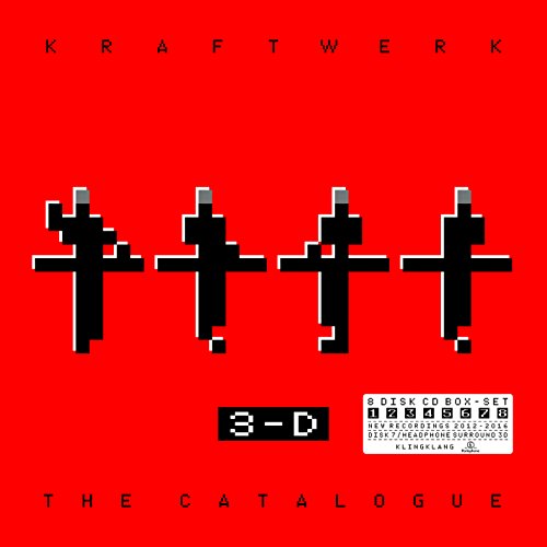 Red album cover with pixelated figures and "Kraftwerk" and "The Catalogue" text.