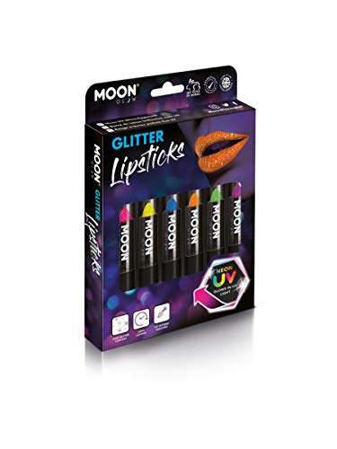 A box of five neon, glitter lipsticks in various colors, packaged together.
