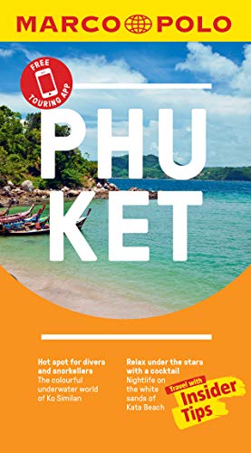 The image depicts the cover of a travel guide. "Marco Polo travel guide cover with a beach scene and 'PHUKET' in large white letters."