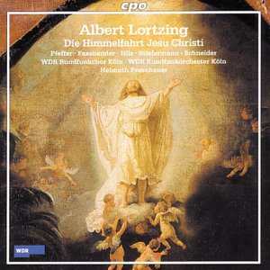 "Album cover with 'Jesus ascending' painting and white text on a gold background."