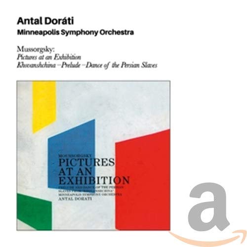 "CD cover with geometric shapes and text 'Pictures at an Exhibition' on white background."
