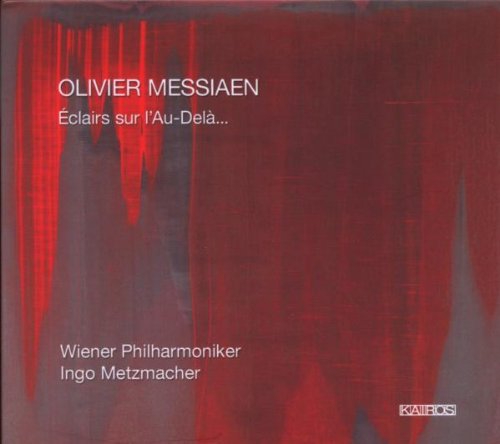 Red and grey abstract album cover with white text, featuring "OLIVIER MESSIAEN" and "KAIROS".