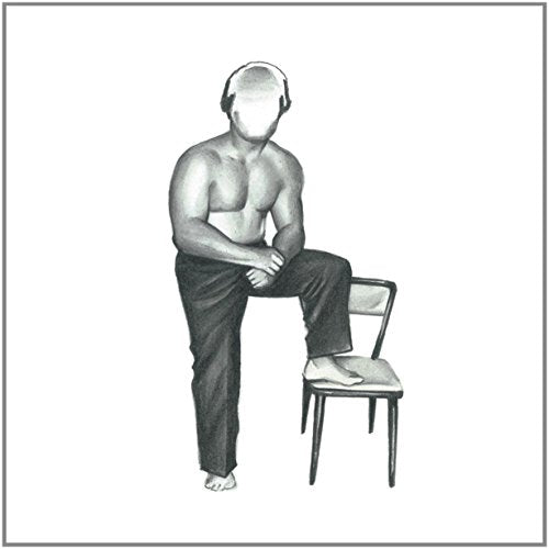 A man sits on a chair with headphones on, in a grayscale illustration.