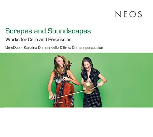 "CD cover with two women playing cello and percussion against a green background."