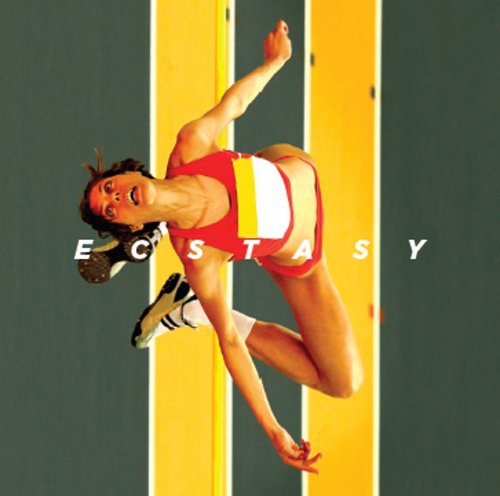 Woman in red sports outfit jumping on a yellow and green track, with "ECSTASY" text overlay.