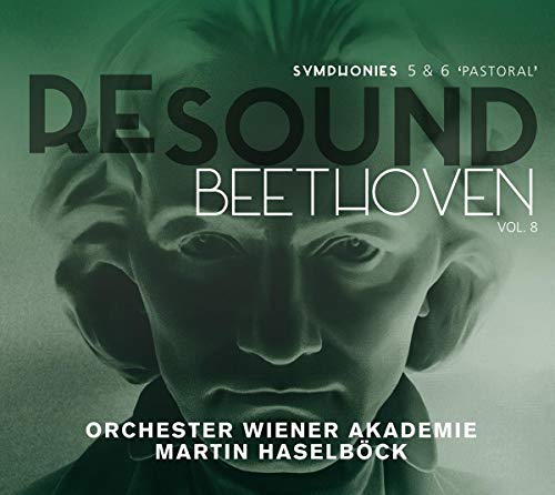 "CD cover featuring Beethoven's portrait with 'Resound Beethoven' text in green gradient background."