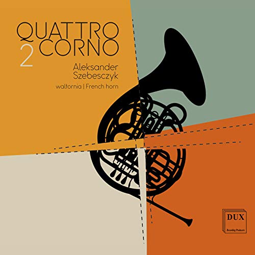 The image is a CD cover with a French horn and text. Alt text: CD cover featuring a black French horn on a multicolored background.