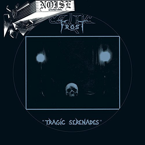 A vinyl record cover with a skull and glowing orbs on a dark background.