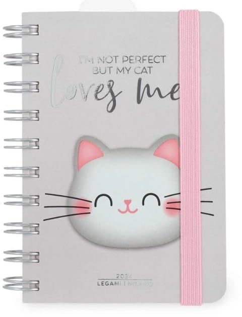 Legami - Small Spiral Daily Diary, 12 Months, from January 2024 to December 2024, Folding Planner 2024/2025, Elastic Closure, Final Pocket, Address Book, 8.5x13 cm, Kitty Theme