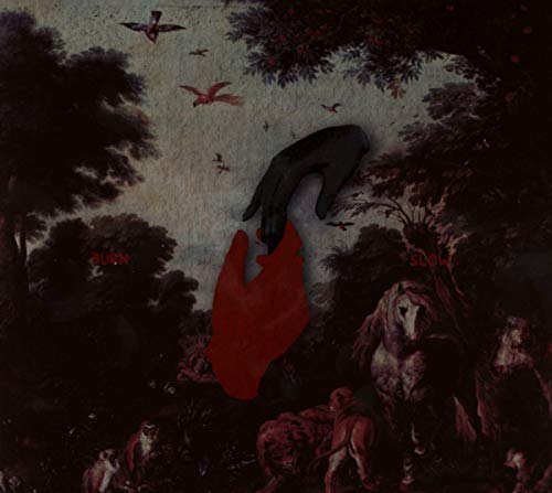 "Album cover with a forest scene, animals, and a red flame graphic."