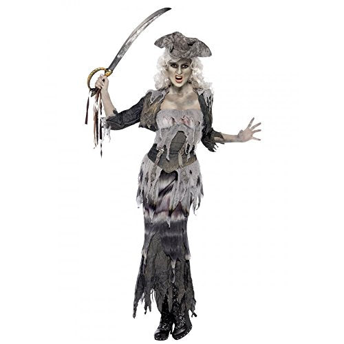 A woman in a tattered pirate costume, holding a sword, against a white background.