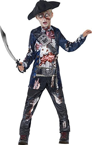 "Child dressed in tattered pirate costume, holding a toy sword, with a bloody face."
