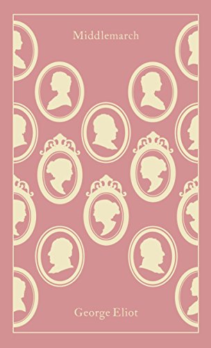 "Orange clothbound book cover with silhouettes and title 'Middlemarch' by George Eliot."