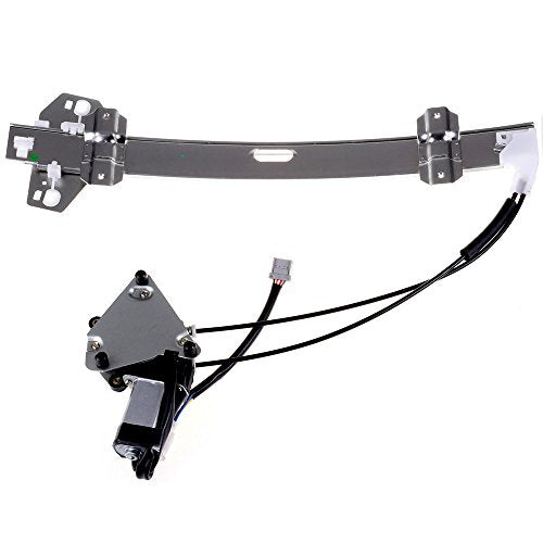 The alt text for the image is: "Car window regulator assembly with motor and wiring on white background."