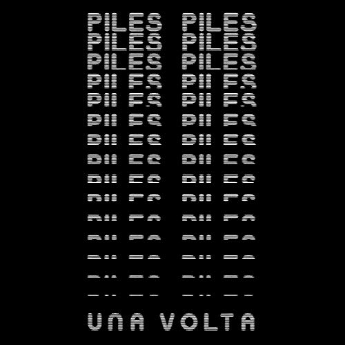 "Black square with white text 'UNA VOLTA' and 'PILES' repeated in a pattern."