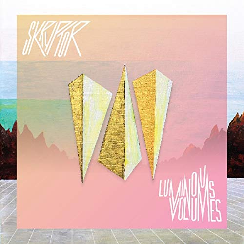 "Album cover with gold geometric shapes on a pink and orange background."