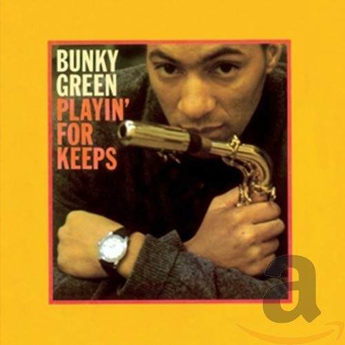 "Bunky Green's album cover featuring a man holding a saxophone on a yellow background."