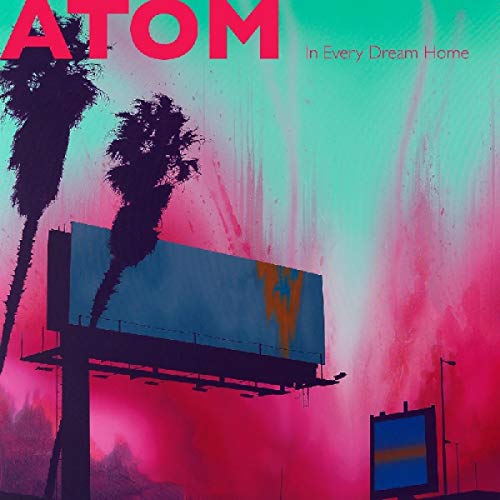 "Album cover with a billboard and palm trees in a red and green storm."
