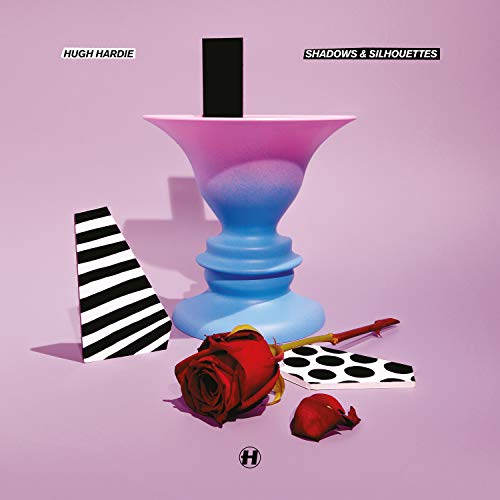 Album cover with pink background, blue vase, rose, and striped cone.