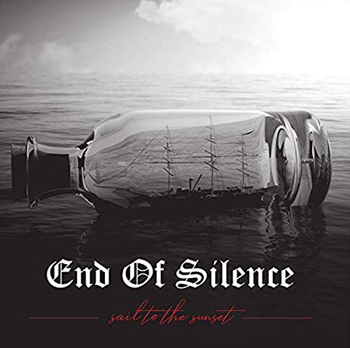 "Black and white album cover with a ship in a bottle floating in water."
