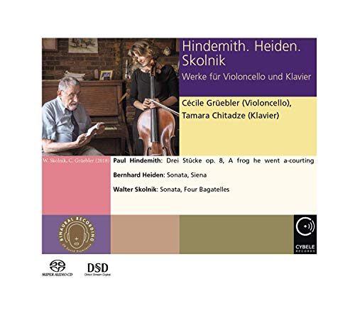 CD cover featuring a cellist and pianist with multicolored text boxes.