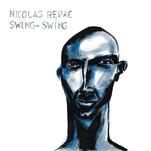 "Album cover featuring a blue-toned illustration of a man's face and shoulders."