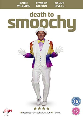 "Robin Williams in a colorful costume on the DVD cover for 'Death to Smoochy'."