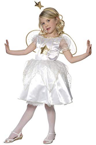 Young girl wearing a white fairy costume with gold accents and star headband.