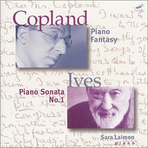 CD cover with blue and purple portraits of Copland and Ives, handwritten background notes.