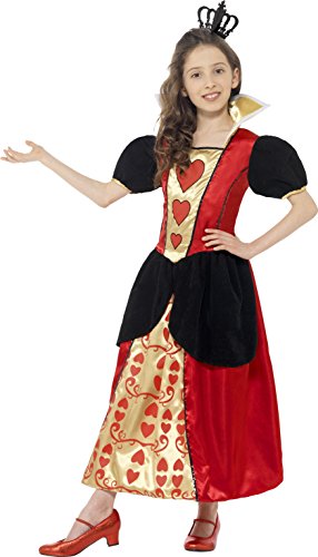 A young girl wearing a red and black Queen of Hearts costume and crown.