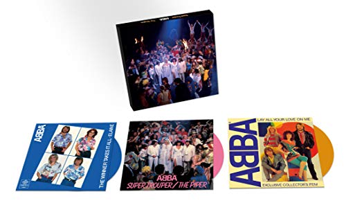 "Four ABBA vinyl records with different colored covers and artwork."