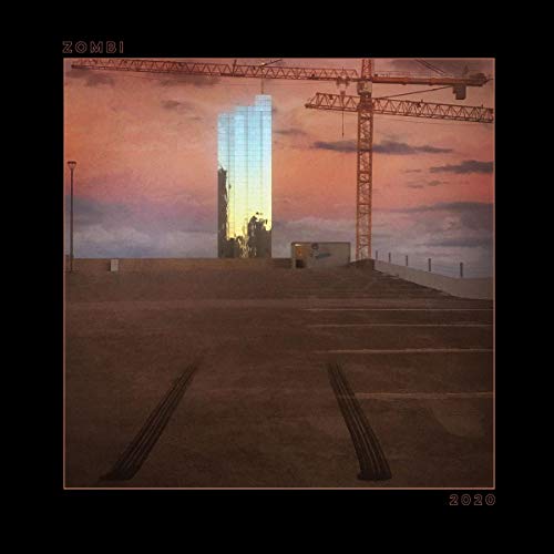 Album cover with a burning building and construction crane at dusk.