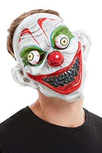 Man wearing a white, red, and green painted latex clown mask with large eyes.