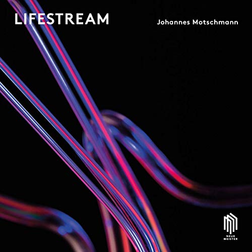 "Album cover with red and blue swirling lines on a black background."