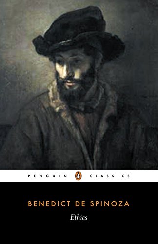 "Book cover with a portrait of a bearded man in a hat, 'Ethics' by Benedict de Spinoza."