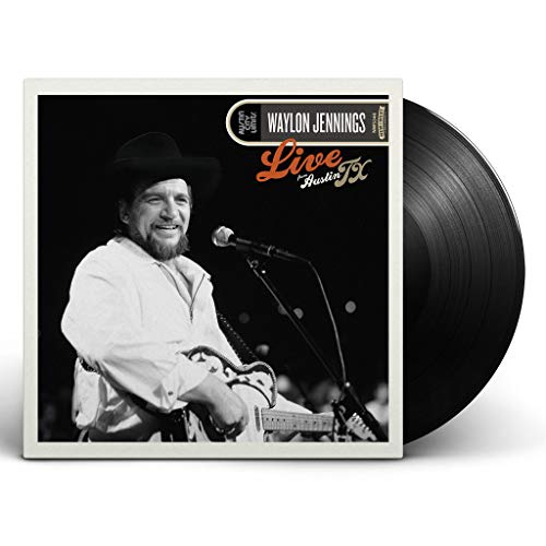 Vinyl record sleeve with black and white image of Waylon Jennings performing on stage.
