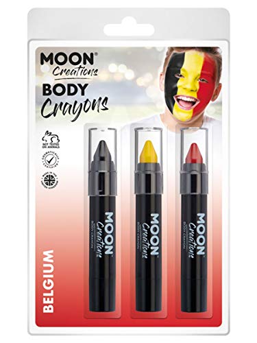 "Package of three black body crayons with colored tips and a boy with painted face."