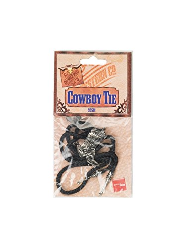 Black cowboy tie with silver ornament, packaged on a brown cardboard backing.