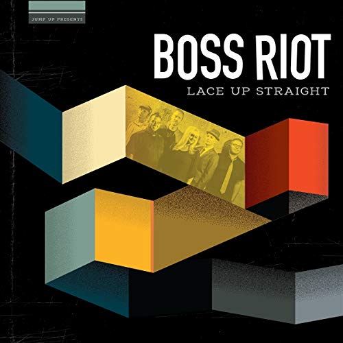 "Album cover for 'Boss Riot - Lace Up Straight' featuring 3D cubes and band images."