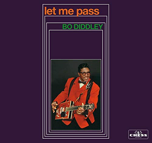 "Album cover with Bo Diddley in red suit holding a guitar, on purple background."