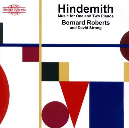 "Album cover with abstract geometric shapes and text 'Hindemith' on a white background."