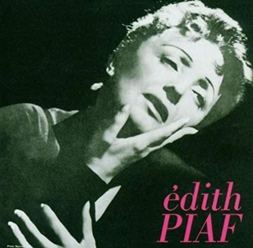 "Black and white vinyl record cover featuring Edith Piaf with pink text."