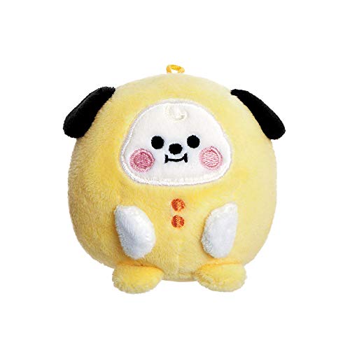 A yellow plush toy with a white face, black ears, and red cheeks.