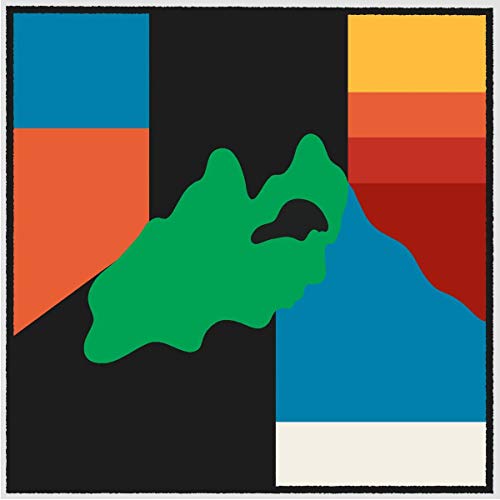 "Album cover with abstract green shape and colorful geometric patterns on black background."