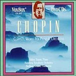 CD cover for Chopin's works, featuring a portrait and cloudy blue background.