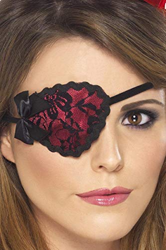 A woman wears a black eyepatch with red lace and a black ribbon bow.