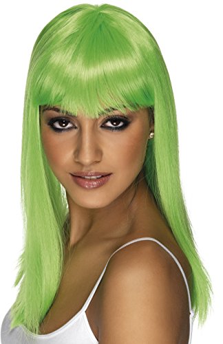 "Model wearing a bright green, straight wig with bangs against a white background."