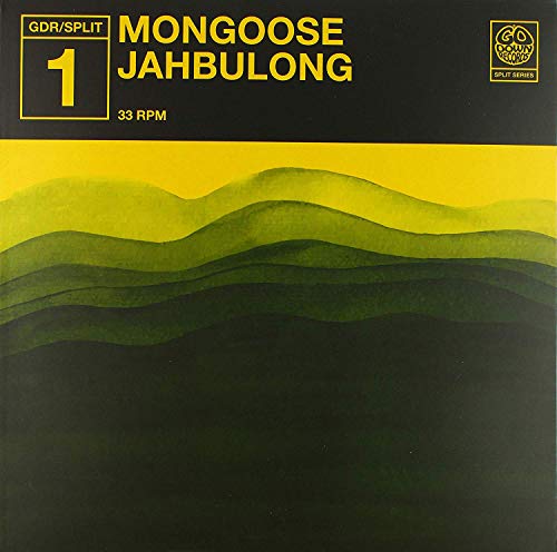 Vinyl record cover with abstract green landscape and yellow text on black background.