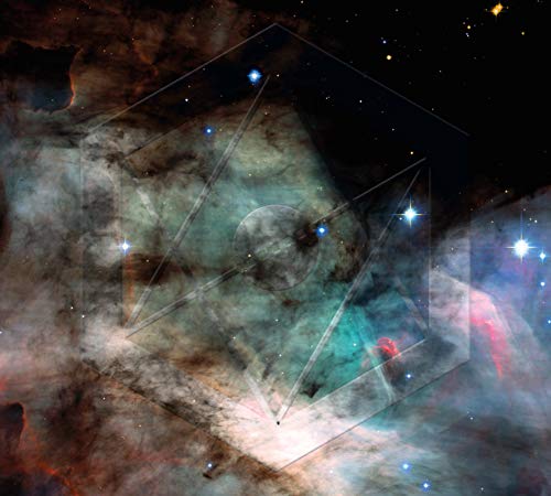 The image depicts a vibrant, colorful nebula with stars and a transparent cube overlay. Alt text: Colorful nebula with stars and transparent cube overlay.