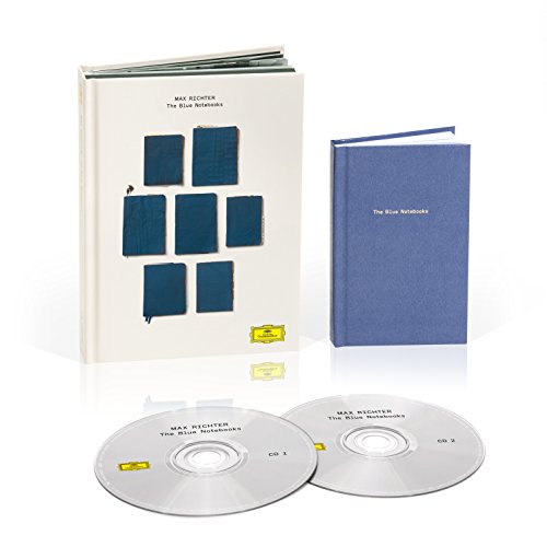 "CD cover featuring seven blue notebooks on a beige background with yellow label."